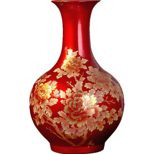 景德镇陶瓷器花瓶摆件中国红色插花中式家居客厅装饰品工艺品瓷瓶