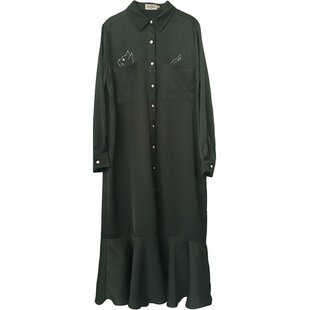 MP英伦原创 Lady Cat刺绣口袋猫飘逸荷叶摆衬衫绿连衣裙复活款