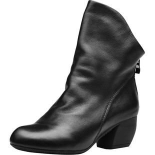 相伴真皮冬鞋女秋冬款高跟鞋民族风靴子牛皮女靴粗跟皮靴手工皮鞋