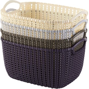 藤编桌面收纳筐塑料杂物收纳桶镂空手提收纳编制篮零食玩具收纳盒