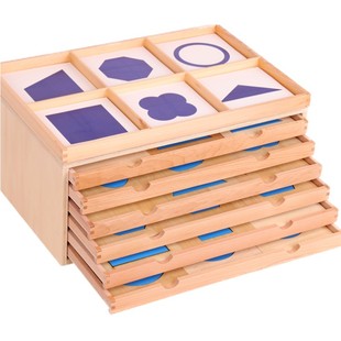 蒙氏感觉教具儿童早教玩具几何图形 嵌板橱柜 几何图卡片 示范匣