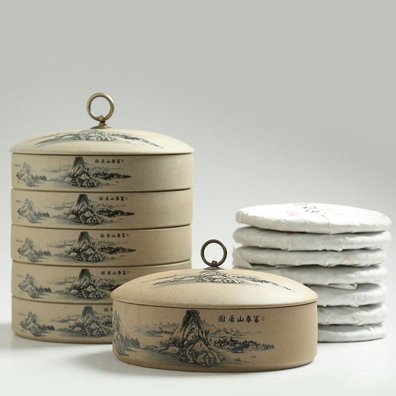 茶叶罐普洱茶储存罐收纳盒陶瓷储茶罐粗陶分层七子茶饼多层密封罐