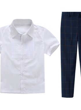 男童短袖格子衬衣西裤演出服