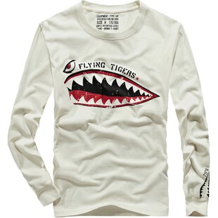 VIP飞虎队圆领长袖T恤男青年美式复古印花体恤纯棉卫衣打底衫潮牌