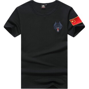 军迷短袖t恤男中国CHINA半袖衫修身纯棉圆领体恤刺绣狼头战友衣服