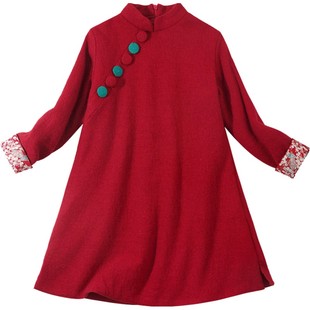 雅童小铺女童羊毛长袖旗袍裙大红色冬季童装连衣裙女宝宝唐装旗袍