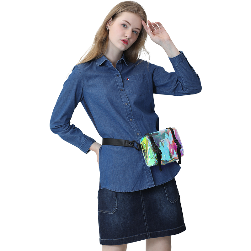 波顿2025夏季新薄款高端女士牛仔短袖衬衫美式休闲大码纯棉上衣