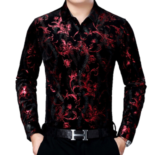 中年男士长袖衬衫秋冬季休闲寸衫金丝绒印花中老年爸爸装加绒衬衣