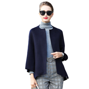 加厚羊毛双面呢秋冬圆领拉链宽松显瘦斗篷毛呢外套女简约短款