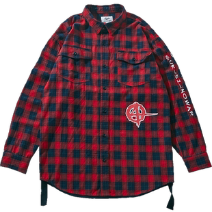 Guuka潮牌衬衫女长袖衬衣 街舞hiphop拼接红色格子纯棉衬衫外套