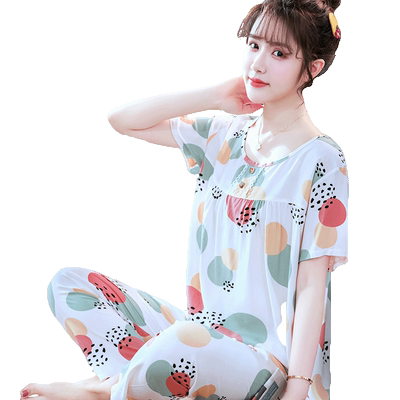 睡衣女夏季薄款短袖长裤棉绸