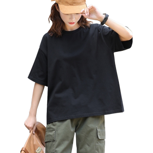 黑色短袖t恤女夏纯棉宽松大码打底体恤衫中半袖短款2025新款上衣