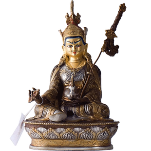 欧斯特 莲花生大士铜像尼泊尔手工紫铜镀金镀银7寸宁玛派祖师摆件