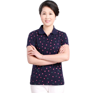 昊群新款夏装纯色圆点撞花T恤中老年女士宽松polo领t恤纯棉妈妈装