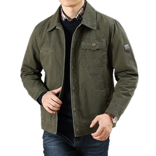 春秋季纯棉翻领夹克男士薄款秋装中年大码多袋工装外套爸爸上衣潮