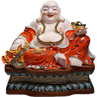 微美 16寸釉下彩弥勒佛坐像招财笑佛大号高档开业商务礼品摆件