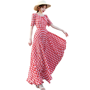 2025新款裙子夏季气质雪纺连衣裙女夏长款长裙红色格子脚踝沙滩裙