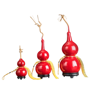 天然真木大漆红色开口大小葫芦挂件饰带龙头客厅门对门口胡芦摆件