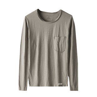 日系复古竹节棉T恤男长袖 做旧磨边圆领打底衫白色纯棉上衣春球季