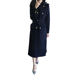 售楼部酒店工作服大衣女冬加棉职业气质高端黑色毛呢外套女中长款