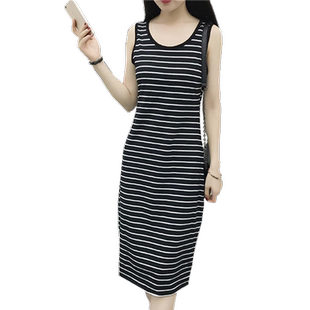 夏季显瘦条纹长款吊带背心裙女修身过膝打底裙包臀长裙无袖连衣裙