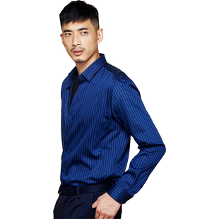 光泽感竖条纹衬衫 元本030137 男秋修身蓝色商务休闲免烫长袖衬衣