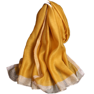 2025新款高级真丝丝巾女长款桑蚕丝围巾秋冬时尚姜黄色薄装饰披肩