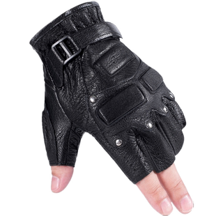 真羊皮半指手套男秋冬季开车骑行登山战术训练防滑露指特种兵手套