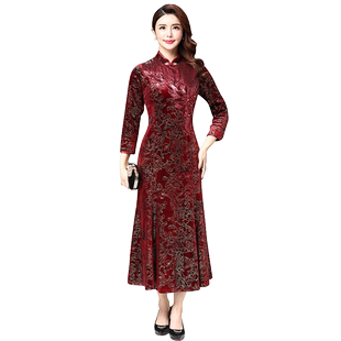 古贝莎高端复古改良旗袍敬酒服丝绒婚宴礼服结婚妈妈装长袖连衣裙
