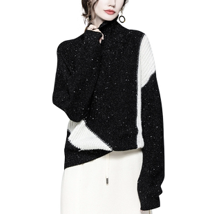 美丽诺羊毛衫慵懒风不规则黑白拼色高领宽松毛衣女针织外穿加厚冬