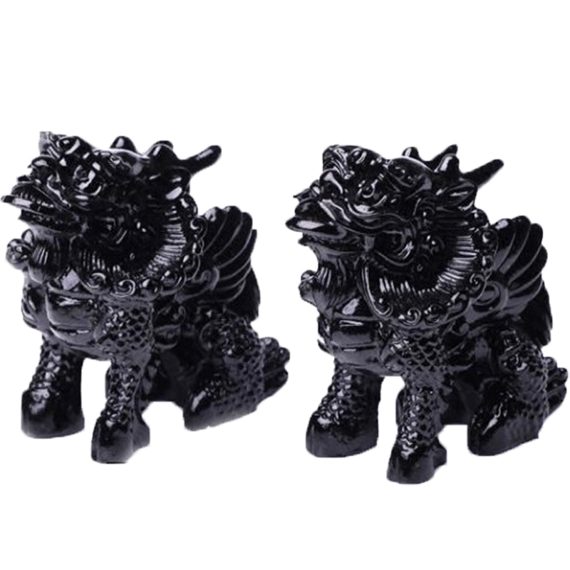 泰山老奶奶祈福天然黑曜石雕刻麒麟一对客厅安宅招财风水桌面摆件
