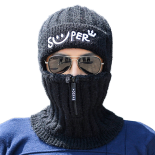 毛线帽子男女冬天针织套头帽加厚保暖骑车蒙面一体加绒围脖护耳帽