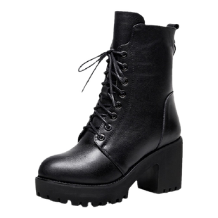 2025秋冬新款真皮高跟英伦风马丁靴牛皮粗跟短靴高跟棉鞋中筒靴子