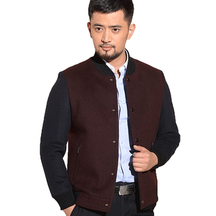 红都羊毛呢棒球服男装针织立领毛呢茄克时尚纽扣秋冬季款夹克外套