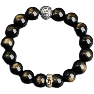 黑曜石手链男士纯银本命年金曜石手串女款十二生肖属龙兔手持佛珠