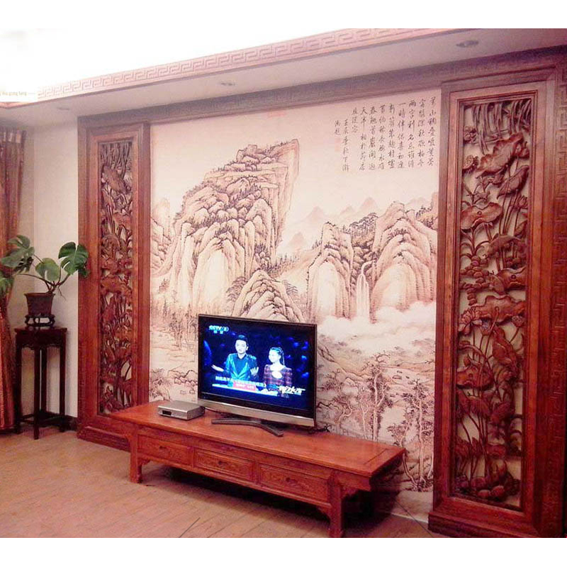 東陽(yáng)木雕新中式電視背景墻掛件鏤空雕花實(shí)木花格隔斷原木全屋定制