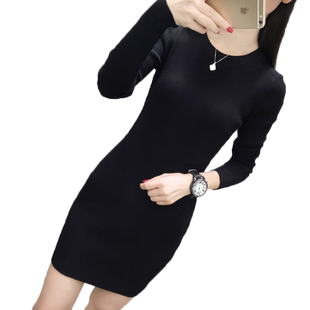 毛衣女中长款内搭低领黑色修身春秋冬针织连衣裙套头纯色打底衫女