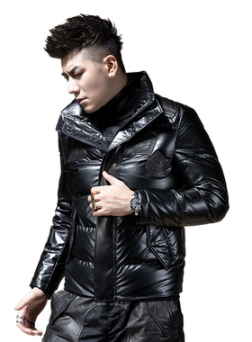 时尚男士拼接痞帅炸街真皮羽绒服