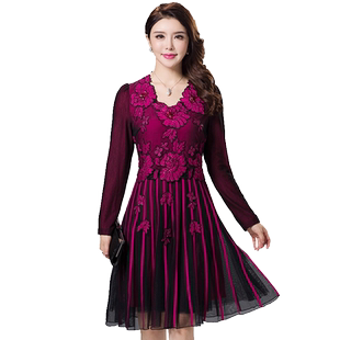 古贝莎春秋长袖连衣裙网纱贴花刺绣中裙修身婚宴礼服妈妈装裙子女