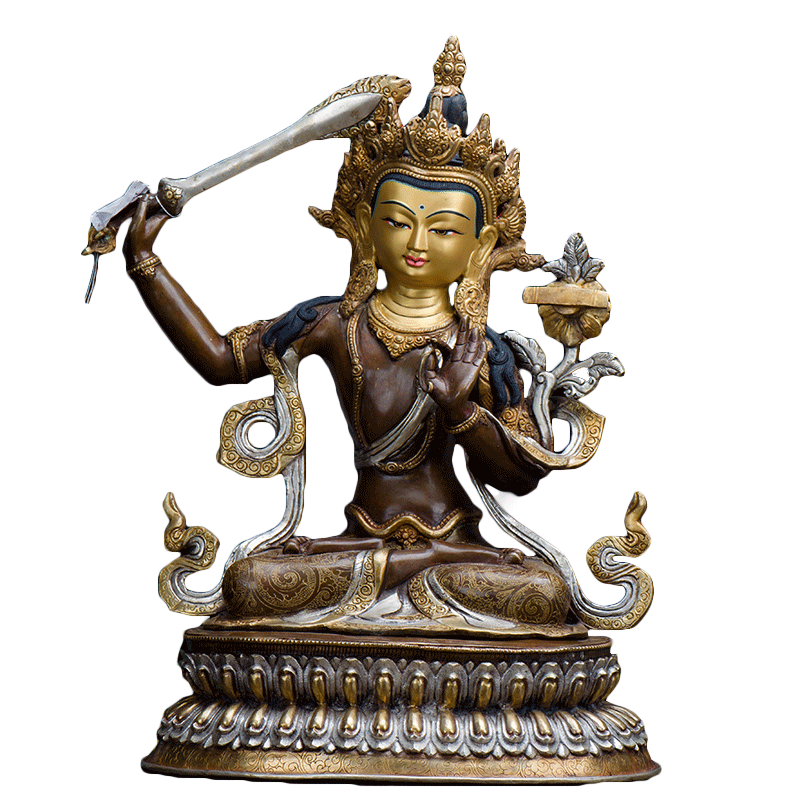 文殊师利 家居饰品尼泊尔手工紫铜鎏金鎏银雕花15寸文殊菩萨摆件