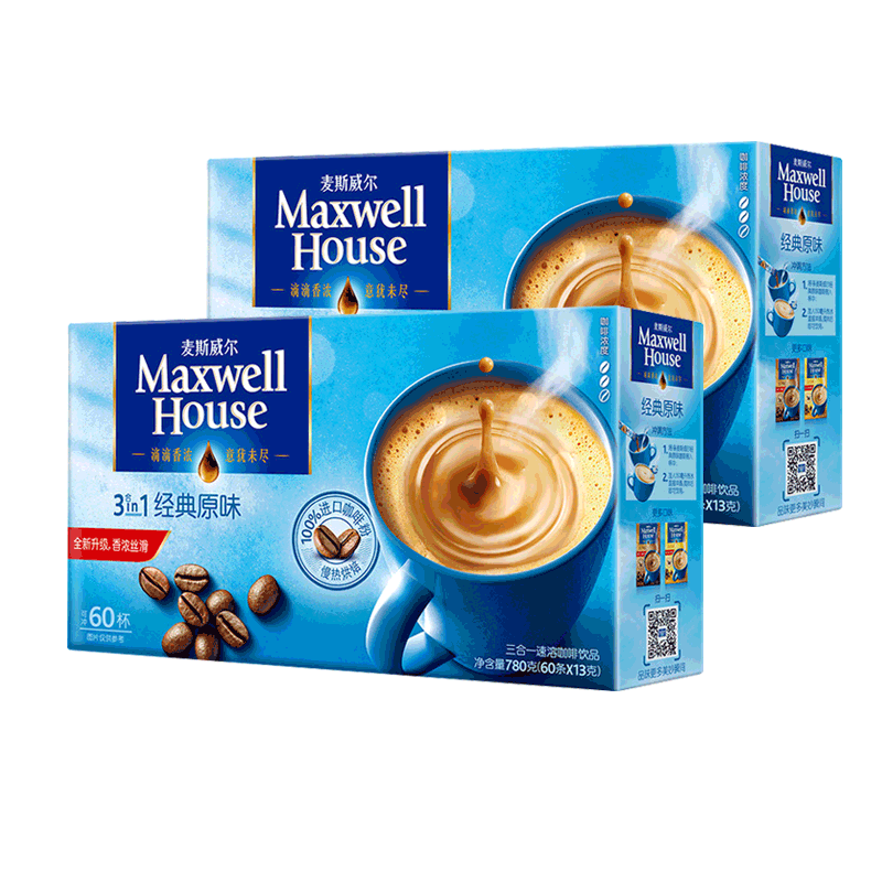 麦斯威尔Maxwell House三合一咖啡粉经典原味速溶咖啡60条装发2盒
