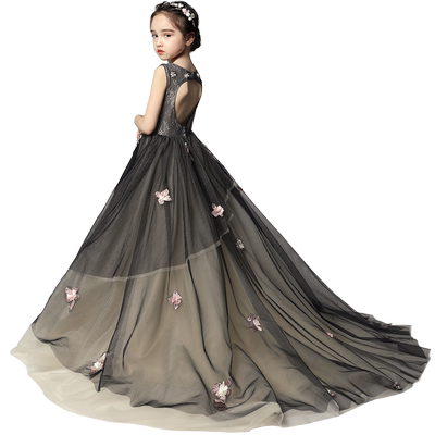 拖尾女童公主裙蓬蓬纱黑色晚礼服