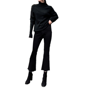 加绒微喇牛仔裤女新款韩版高腰显瘦直筒宽松阔腿裤黑色九分喇叭裤