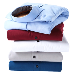 伯曼冬季男士加绒加厚长袖衬衫青年商务职业工装 纯色白保暖衬衣