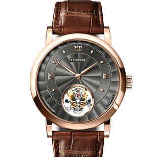 罗宾尼手表男士陀飞轮双面镂空机械表防水男表真皮正品时尚透底