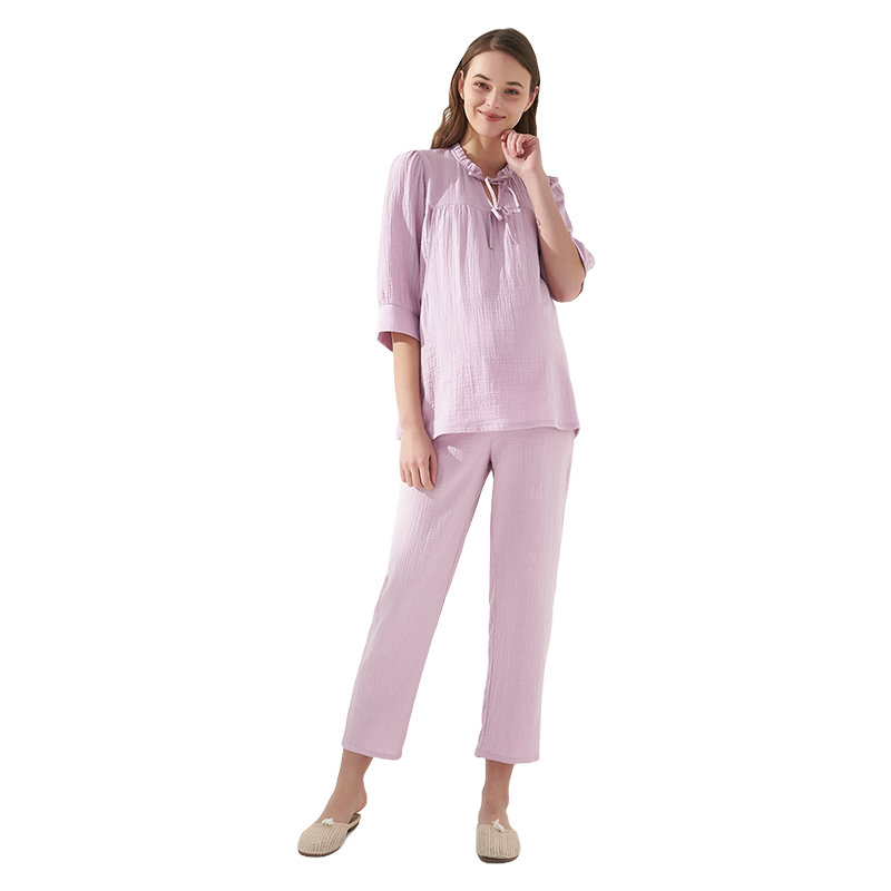 快乐屋孕妇三层纱蝴蝶结宫廷风可哺乳纱布家居服套装春装月子服