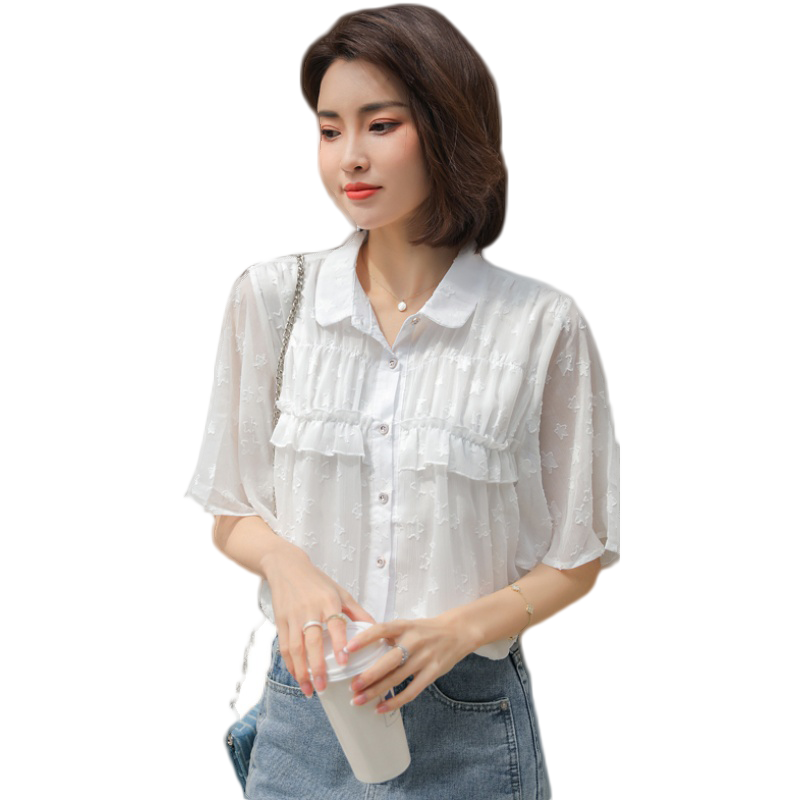 荷葉邊短袖雪紡衫女新款甜美花邊減齡上衣夏寬松喇叭袖洋氣白襯衫