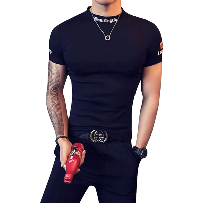 短袖t恤男士刺绣帅气潮流修身半高领打底衫夏季纯色紧身半袖体恤