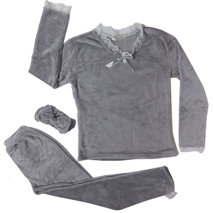 睡衣女秋冬款加厚保暖珊瑚绒蕾丝花边公主风法兰绒送发带灰色套装