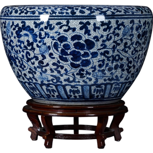 景德镇陶瓷鱼缸手绘青花瓷仿古养鱼盆圆形大号复古客厅摆件睡莲盆